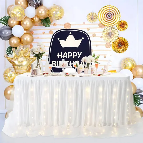 Miniatura 7 de Falda de mesa de tul blanco para baby shower, falda de mesa tutú con volantes blancos de 9 pies con luz LED para boda, despedida de soltera, baby