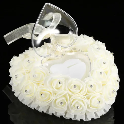 Miniatura 6 de GOTOTOP Almohada de boda, romántica de encaje de cristal rosa de boda en forma de corazón, cojín con cinta perla ceremonia de boda (blanco lechoso)
