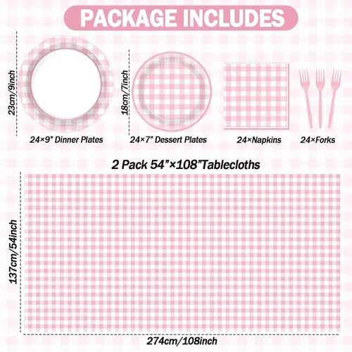 Miniatura 2 de 98 piezas de suministros de fiesta a cuadros rosa para 24 invitados, juego de vajilla a cuadros rosa y blanco, platos a cuadros, servilletas