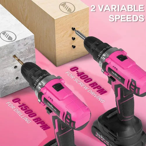 Miniatura 10 de Juego de taladro inalámbrico rosa, juego de taladro eléctrico de iones de litio de 20 V para mujer con 67 puntas de destornillador, portabrocas sin