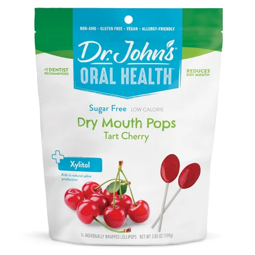 Dr. John's Healthy Sweets Tart Cherry Dry Mouth Pops con cero azúcar, sin tintes, a base de plantas, apto para dieta cetogénica, 14 unidades, bolsa