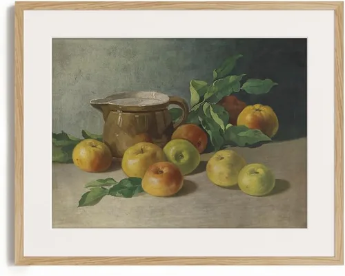 Miniatura 5 de Cuadro de naturaleza muerta de granja para sala de estar, perla de manzana, pintura cálida beige neutra, arte de pared Art Deco para cocina