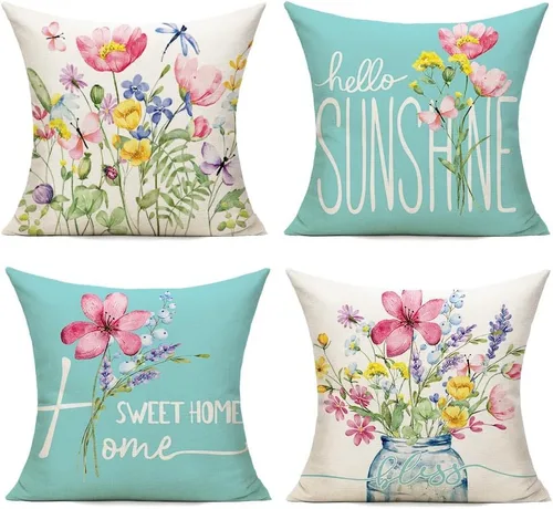 Miniatura 12 de Juego de 4 fundas de cojín decorativas de primavera para exteriores de 16 x 16 pulgadas, diseño de flores de jardín, patio, decoración del hogar