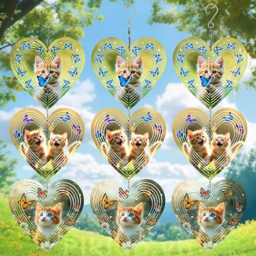Molinillos de viento para exteriores, repelente de pájaros, corazones 3D con patrón de gato colgante, 15 pulgadas, cinético, metal de acero