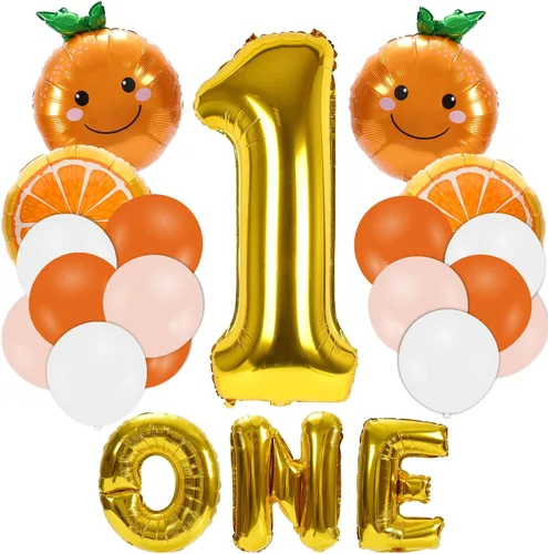Whaline 30 piezas de suministros de decoración de primer cumpleaños naranja Little Cutie número uno, globo de letra UNO, globos naranjas, globos