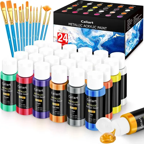 Miniatura 8 de Caliart Juego de pintura acrílica de 24 colores, botellas grandes de 4 onzas / 4.1 fl oz con 12 pinceles, kit de pintura artesanal para adultos
