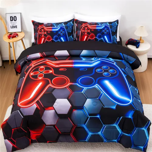 Miniatura 7 de NTBED Juego de edredón de consola de videojuegos de 5 piezas para niños y niñas, ropa de cama geométrica en una bolsa, de microfibra ligera