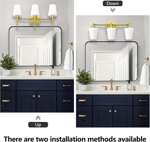 Miniatura 2 de Lámpara de baño de latón cepillado, 3 luces de 24 pulgadas, aplique de pared moderno con pantalla de vidrio para sobre el espejo, clasificación