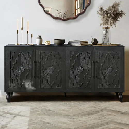 YOPTO Aparador de almacenamiento de madera con tres puertas de vidrio templado y estante ajustable, armario de buffet grande con puerta de flores