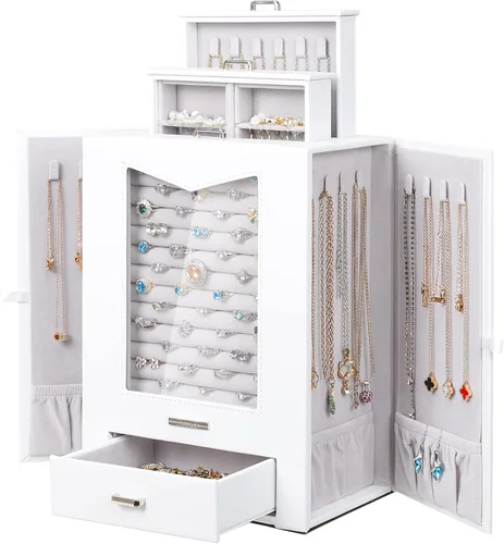 Homde Organizador de joyas con ganchos de ventana de cristal real, regalo para mujeres, caja de joyería para collares, anillos, aretes, pulseras y