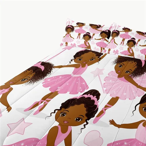 Miniatura 5 de Juego de ropa de cama individual para niñas, juego de edredón mágico afroamericano con bailarina de ballet, juego de cama rosa para niños pequeños