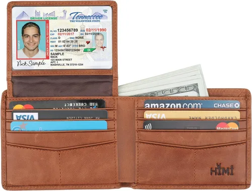 Miniatura 39 de HIMI - Cartera elegante de cuero auténtico para hombre, con bloqueo de interferencia de radiofrecuencia (RFID), con 2 ventanas para identificación