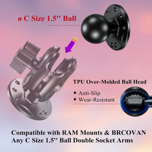 Miniatura 4 de BRCOVAN Base de montaje de bola de 1.5 pulgadas con placa redonda de agujero AMPS de aleación de aluminio Compatible con soportes RAM Tamaño C