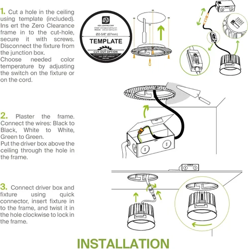 Miniatura 8 de ASD Iluminación empotrable LED de 2" sin moldura, 15 W 120 V, luz de techo redonda comercial regulable, sin lata, con caja de conexiones, 5 CCT