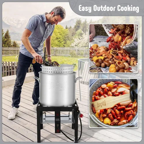 Miniatura 8 de Feasto Olla para hervir mariscos de 60 cuartos de galón con cesta y quemador, kit de olla y quemador de mariscos de aluminio con salida de 100,000
