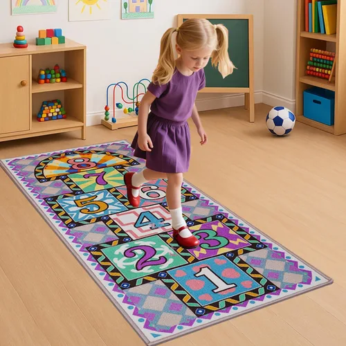 Hopscotch - Alfombra para niños, para dormitorio y sala de juegos, alfombra para aula, 26 x 59 pulgadas, alfombra de juego lavable con respaldo de