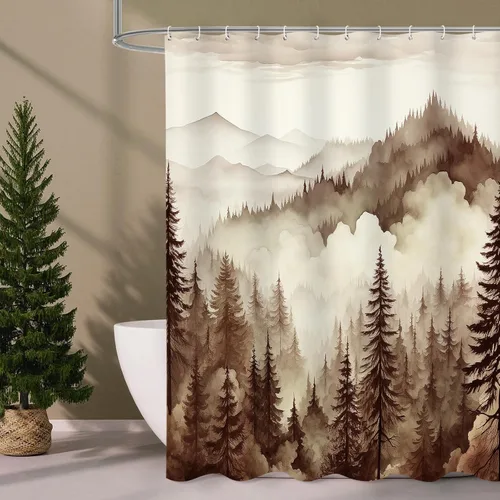 Miniatura 7 de Litabel - Cortina de ducha negra pequeña de 36 x 72 pulgadas, diseño de bosque de pino neblinoso, cortinas de ducha estrechas de medio