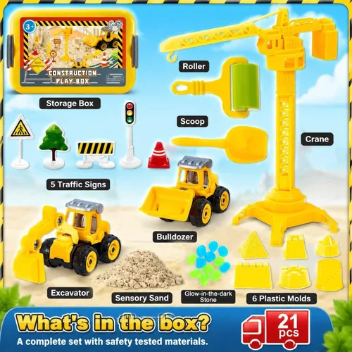 Miniatura 4 de Carolart Contenedor sensorial de construcción, juego de arena de tractor, caja de arena de construcción con camión de juguete, arena y letreros, kit