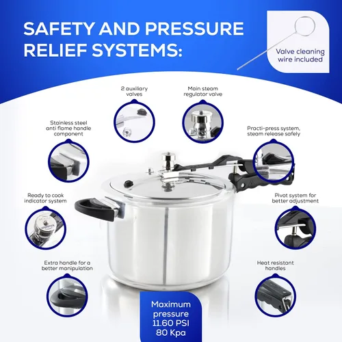 Miniatura 4 de Universal Olla a Presión (10.5 Cuartos / 10 Litros), 11 Porciones, Olla a Presión de Aluminio con Múltiples Sistemas de Seguridad y Asas Resistentes