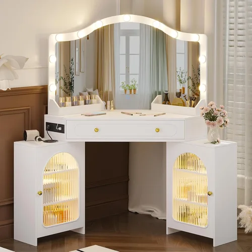 Escritorio esquinero con espejo de 3 vías y luces LED, juego de mesa de maquillaje con estación de carga, cajones de almacenamiento y armarios