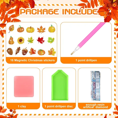 Miniatura 5 de Umigy 16 Piezas Imanes de Arte de Diamantes de Otoño Acción de Gracias para Refrigerador Calabaza Girasol Hojas Pintura de Diamante Imán Otoño