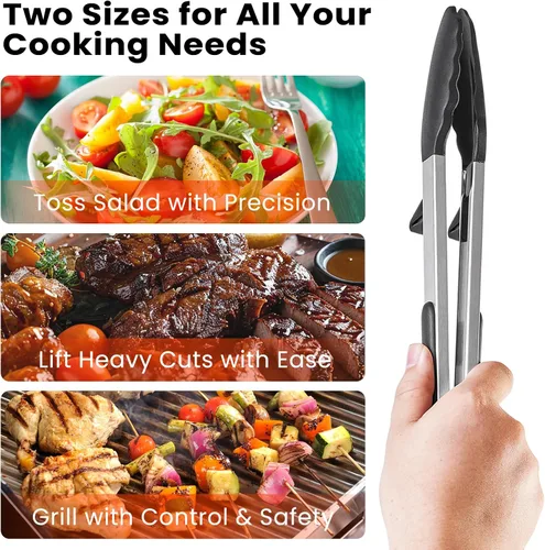 Miniatura 6 de Pinzas de comida de 2 piezas para cocinar, pinzas de cocina de acero inoxidable de 9 y 12 pulgadas con puntas de silicona y soporte integrado