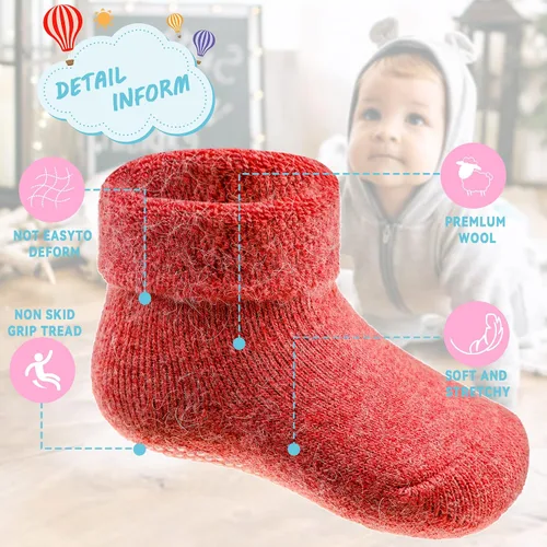 Miniatura 4 de 6 pares de calcetines antideslizantes para bebés y niñas, calcetines cálidos con agarres para niños pequeños, de lana gruesa y suave, para invierno