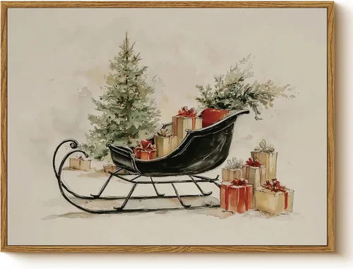 Arte de pared con trineo, árbol navideño y cajas de regalo, 12 x 16 pulgadas, lienzo enmarcado de Navidad, cuadro rústico festivo, obra de arte de
