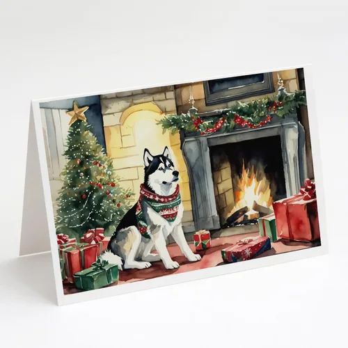 Caroline's Treasures DAC2753GCA7P Paquete de 8 tarjetas de felicitación navideña acogedora de Husky siberiano Tarjetas en blanco con sobres Tamaño