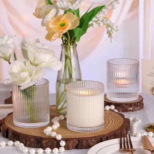 Miniatura 6 de sunnyfuture Juego de 8 tarros de vela transparentes de 10 onzas para hacer velas, tarros de vela de vidrio acanalado con tapas de madera