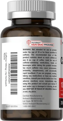 Miniatura 3 de Horbäach Píldoras de cafeína de 100 mg 250 tabletas Fórmula vegetariana Suplemento sin OMG, sin gluten
