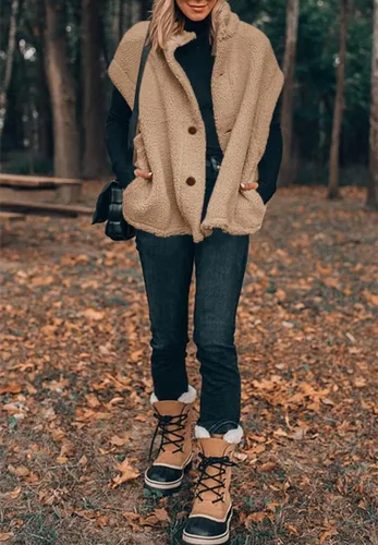 Miniatura 57 de Hongqizo - Chaleco de forro polar mullido para mujer, casual, de gran tamaño, cálido, con botones, chaqueta de sherpa con bolsillos