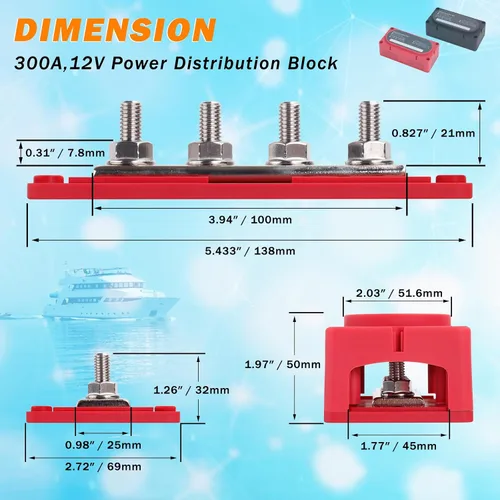 Miniatura 2 de Barra de bus de módulo resistente de 300 A, bloque de distribución de energía de 12 V, 24 V, 48 V CC con 4 pernos de 5/16 pulgadas (M8), regalo 12