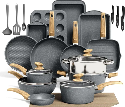 Miniatura 12 de Kitchen Academy Juego de utensilios de cocina de inducción de 17 piezas con plancha, ollas y sartenes de granito verde antiadherentes, juego