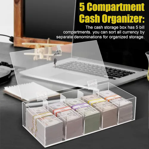 Miniatura 3 de Bandeja de monedas con bloqueo de acrílico con 300 envoltorios de moneda, 5 compartimentos, caja de almacenamiento de dinero transparente
