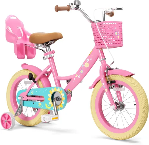 Miniatura 16 de XJD Bicicleta para niñas de 2 a 12 años, bicicleta para niños de 12, 14 y 16 pulgadas, con ruedas de entrenamiento, serpentinas, cesta y asiento