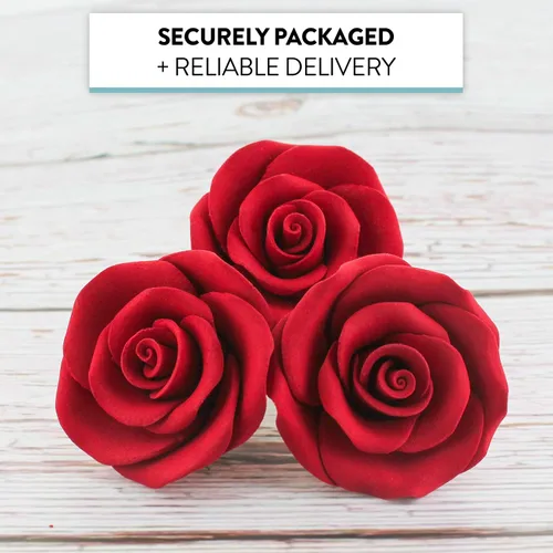 Miniatura 4 de Rosas de azúcar (12 unidades, grandes de 2 pulgadas) – Flores de goma de mascar con alambre con cáliz, rosas rojas para decoración de pasteles, por