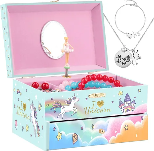 Joyero para niñas, caja musical para niñas, organizador de joyas de bailarina para niña pequeña con collar de unicornio y pulsera, regalos de