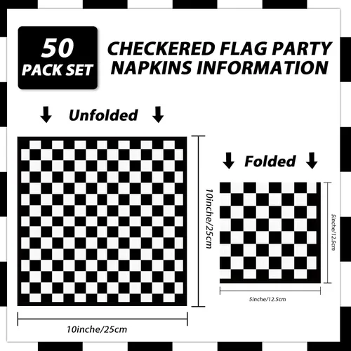 Miniatura 2 de 100 paquetes de servilletas de papel con bandera a cuadros en blanco y negro para fiesta de cumpleaños de coche de carreras, suministros desechables