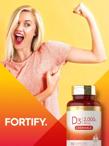 Miniatura 7 de Carlyle Tabletas masticables de vitamina D3 de 2000 UI (50 mcg) 180 unidades Sabor a bayas Vegetariano, sin OMG y sin gluten