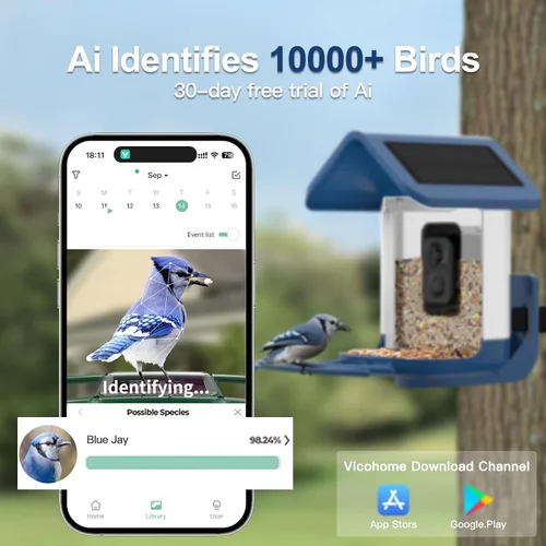 Miniatura 5 de Comedero para pájaros con cámara alimentado por energía solar: Comedero inteligente para aves con cámara de alimentación en vivo de 2K
