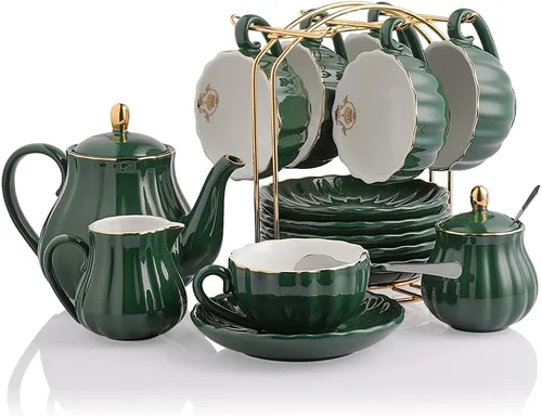 Sweejar Juegos de Té de Porcelana Serie British Royal, Tazas y Platillos de 8 OZ para Servicio de 6, con Tetera Azucarero Jarra de Crema Verde oscuro