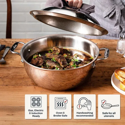 Miniatura 5 de All-Clad Horno Holandés D3 de Acero Inoxidable de 3 Capas 5.5 Cuartos Apto para Inducción Horno Asador Seguro 600F Ollas y Sartenes, Utensilios