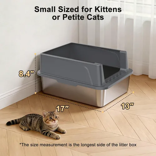 Miniatura 5 de FURTIME Caja de arena para gatos de acero inoxidable, caja de arena de metal de alta cara fácil de limpiar, bandeja de arena abierta para gatos