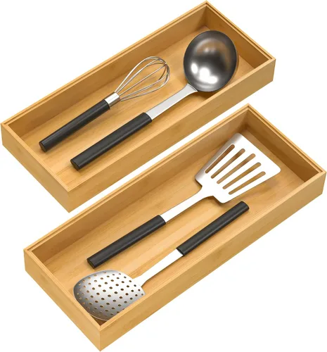 Miniatura 8 de VeyFey Bandeja de cubiertos para cajón, organizador apilable de bambú para cajones de cocina, 9 x 3 x 2 pulgadas, juego de 2