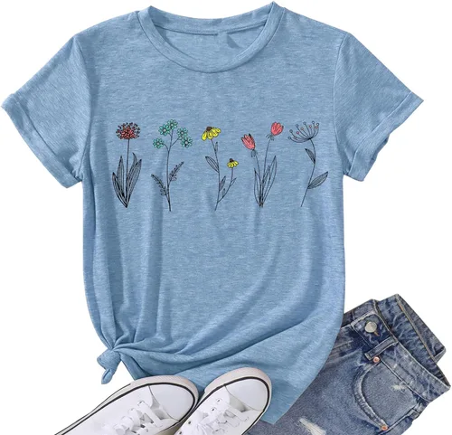 Camisas de flores silvestres para mujer, camisetas casuales con estampado de flores de verano, lindas camisetas para amantes de las plantas de jardín