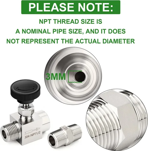 Miniatura 3 de TAISHER 1 pieza Válvula de aguja recta de acero inoxidable 304 1/2" NPT macho x 1/2" NPT hembra para control de flujo de agua, gas, aceite con rosca