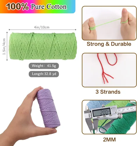 Miniatura 4 de PHUNTTEK Cordón de macramé de 0.079 in x 590 yardas, 18 rollos de cuerda de algodón natural, 3 soportes de cuerda de yute, cuerda suave, hilos