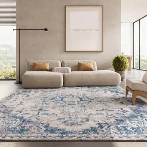 Miniatura 44 de Safavieh Madison Collection (MAD473M) Tapete redondo de 4 pies, azul y azul claro, diseño chic y bohemio desgastado de medallón, no pierde fibras