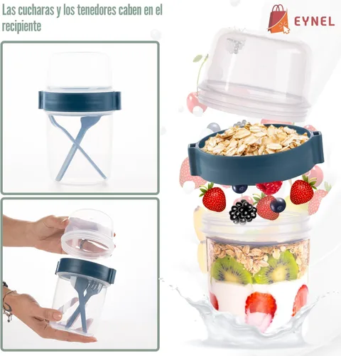 Miniatura 4 de Paquete de 4 Tazas de Desayuno Para Llevar de 22 oz con Tapas y Cuchara, Taza de Cereal y Yogur Reutilizable con Topping, Recipiente de Plástico